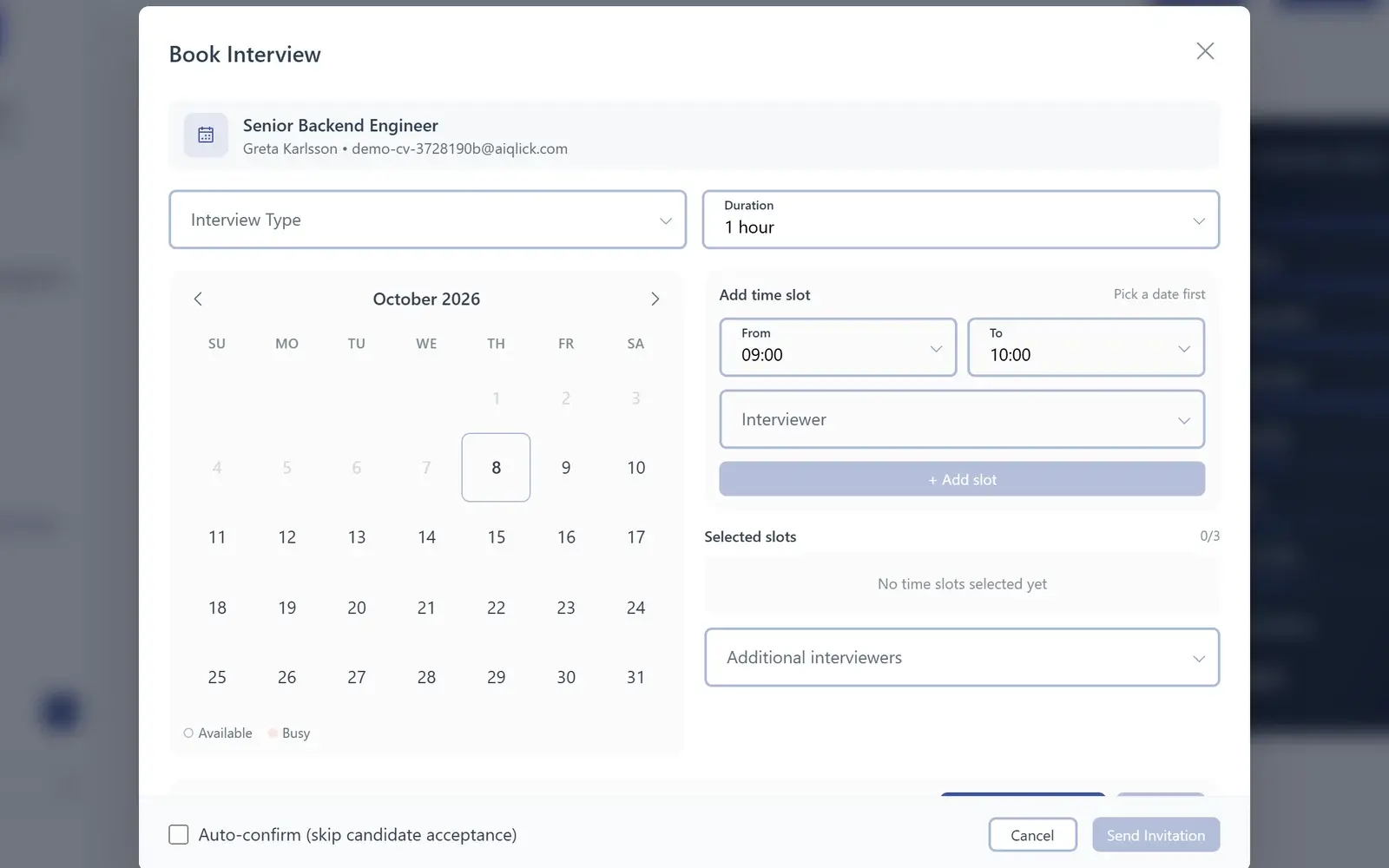 AiQlick Book Interview dialog with a calendar and time slots for the candidate.