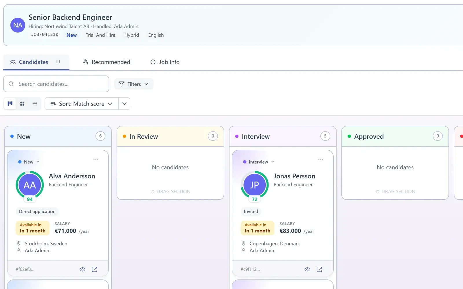 AiQlick candidate board for a role, with match scores on each candidate.