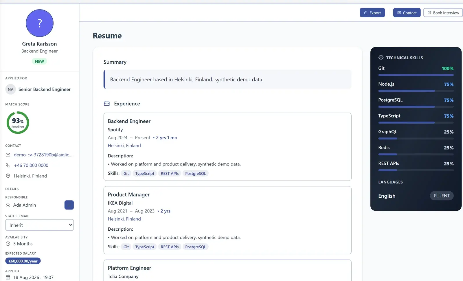 The application as the employer sees it: the candidate's profile, match score and CV in AiQlick.