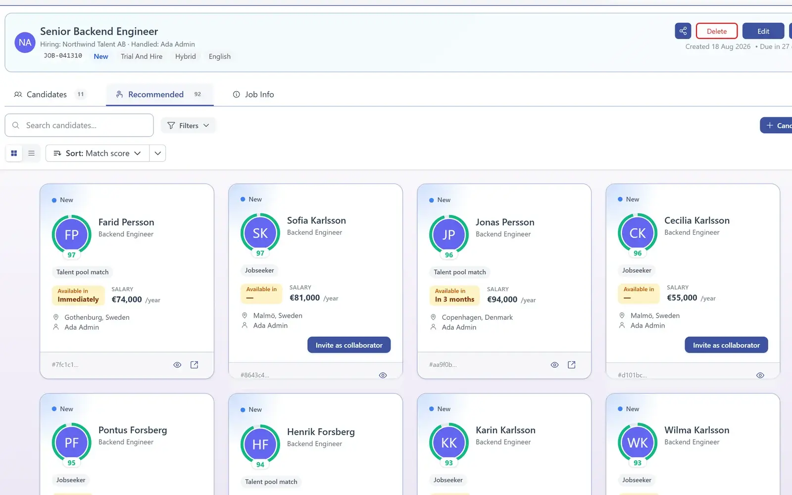 AiQlick recommended talent for a role, each candidate with a match score.