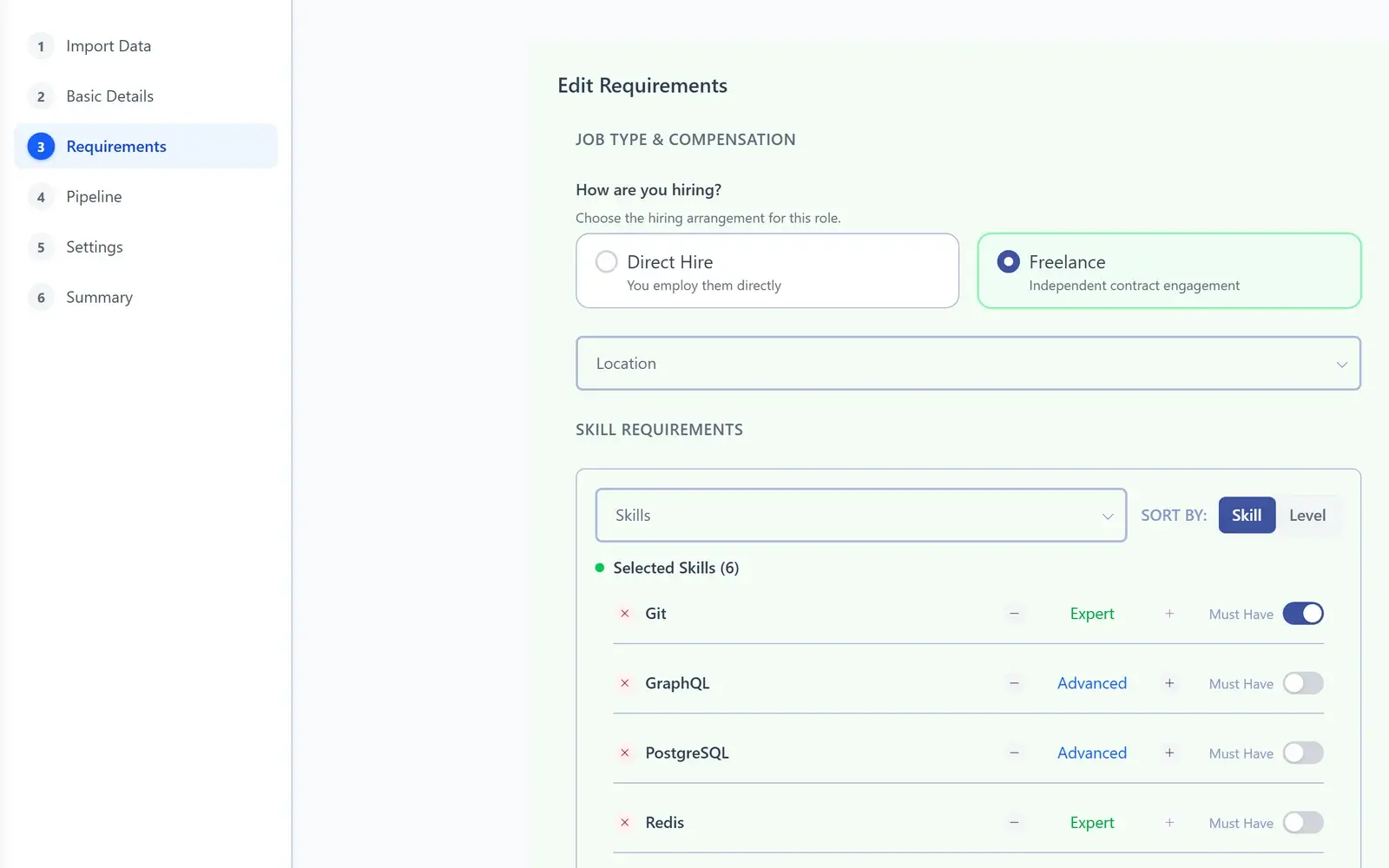 AiQlick job editor with the role's skill requirements, levels and must-have switches.