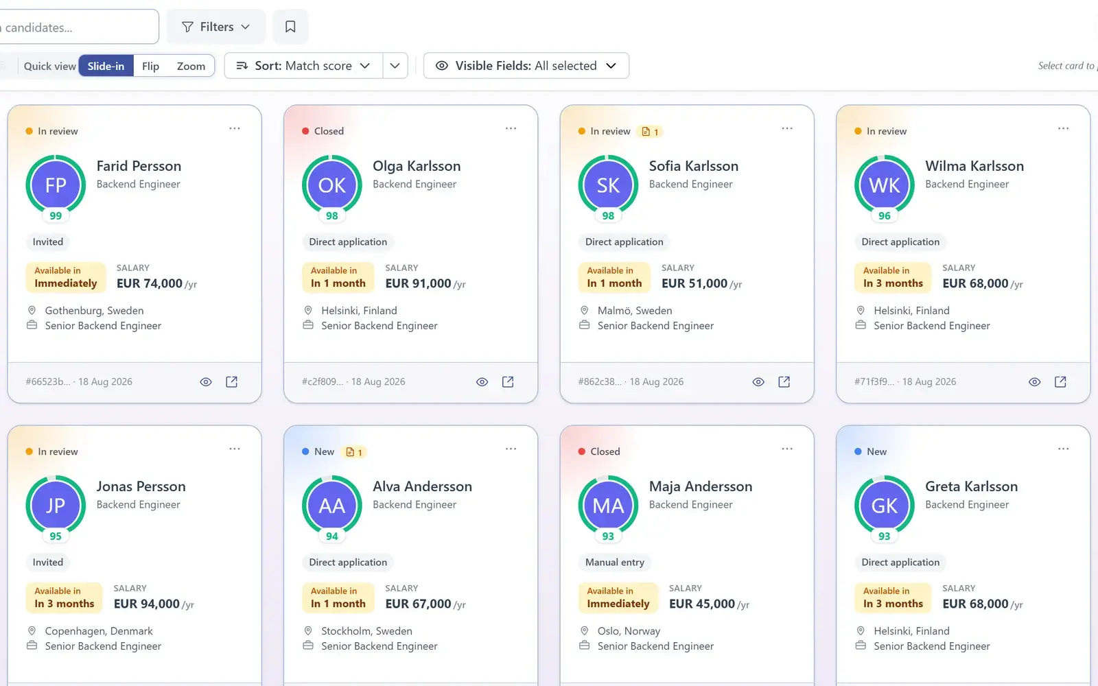 AiQlick candidate database sorted by match score, with stage, availability and salary on each card.