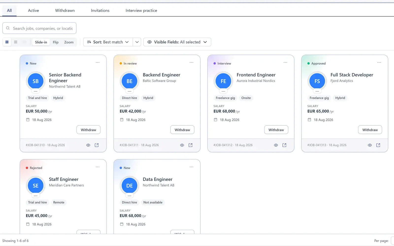 Your AiQlick applications, each showing its current stage: New, In review, Interview, Approved or Rejected.