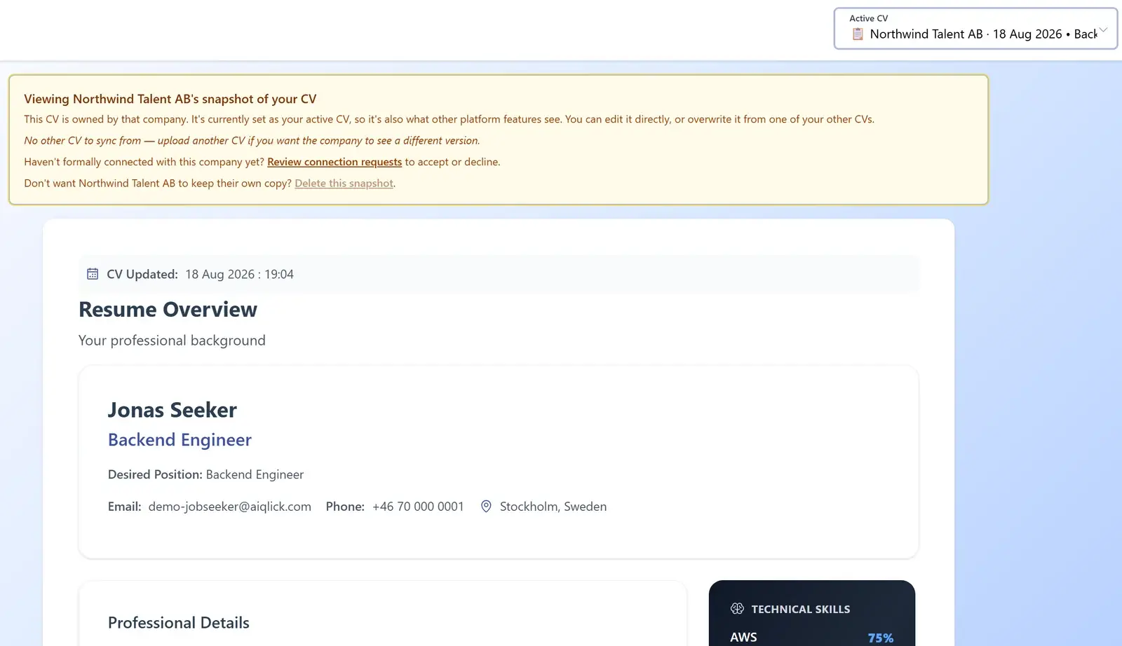 AiQlick notice that a company holds a snapshot of your CV, with options to review the connection or delete the snapshot.