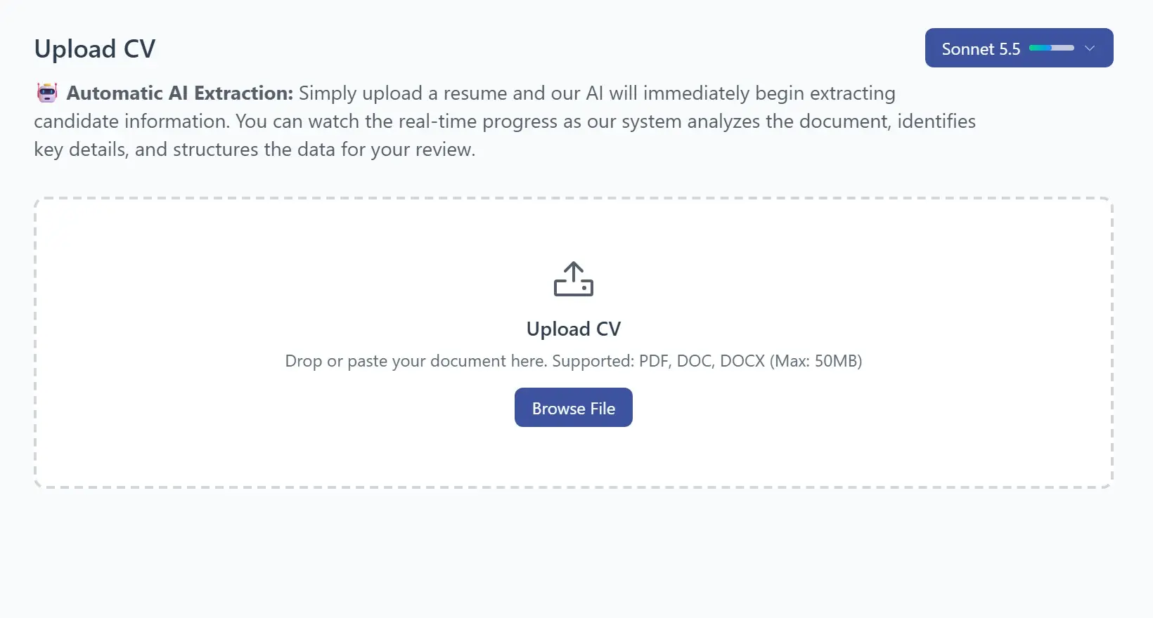 AiQlick CV upload step with automatic AI extraction of the document into profile details.