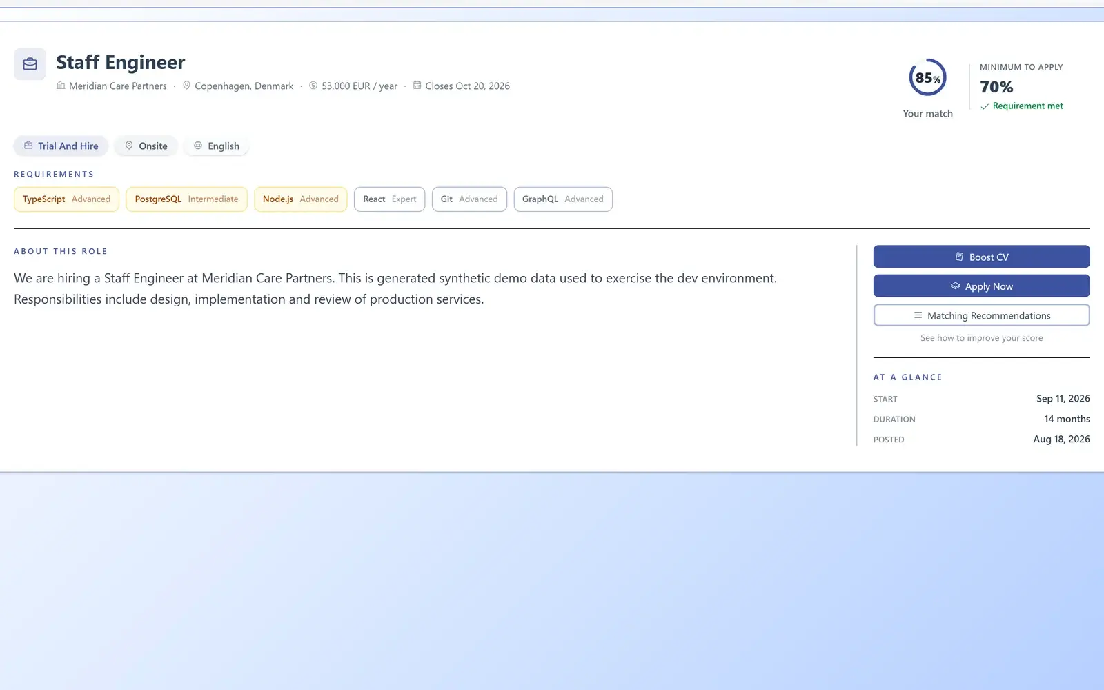An AiQlick job page with your match score, the requirements and the Apply Now button.