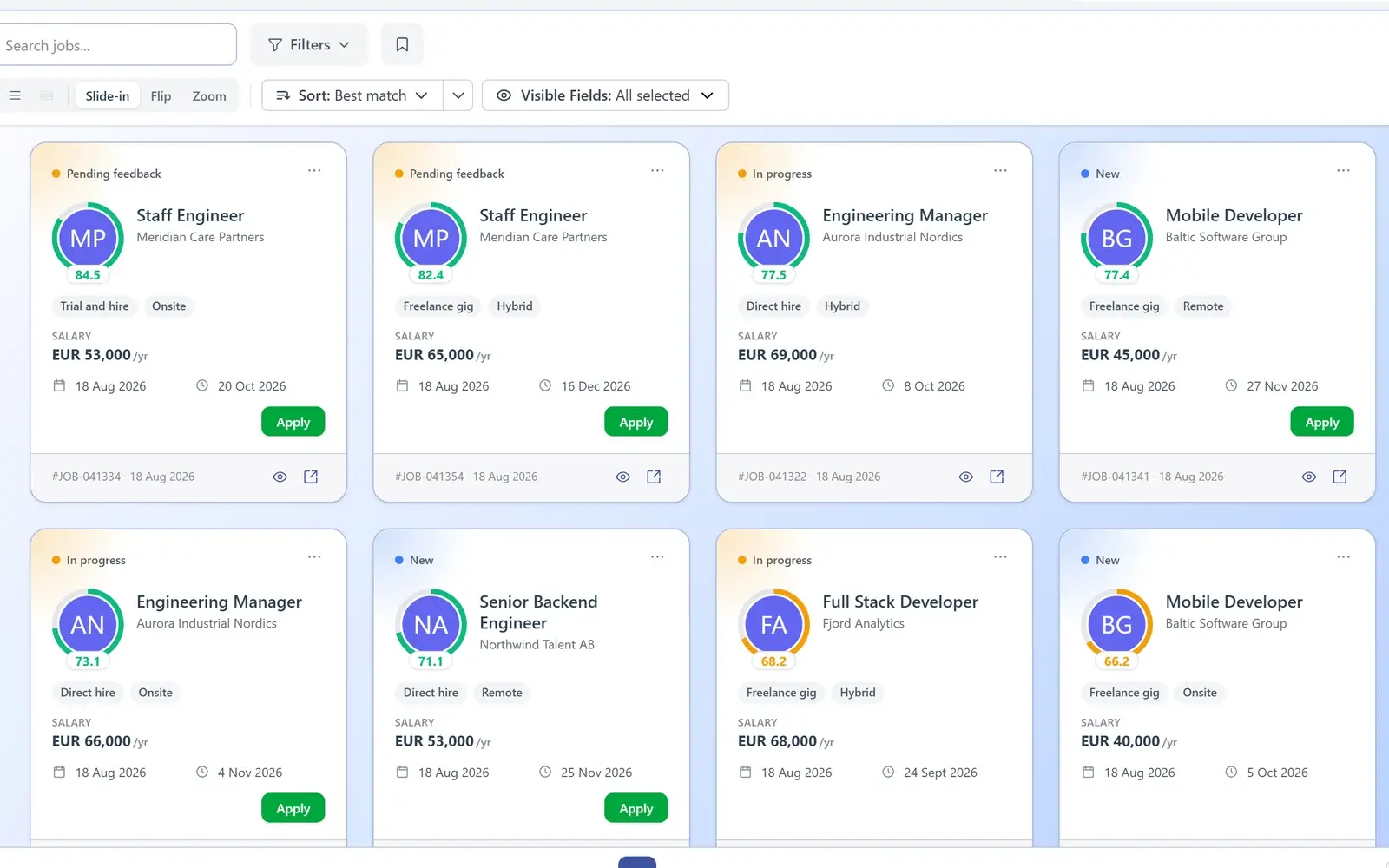 AiQlick jobs for a jobseeker, sorted by best match, each role with a match score and an Apply button.