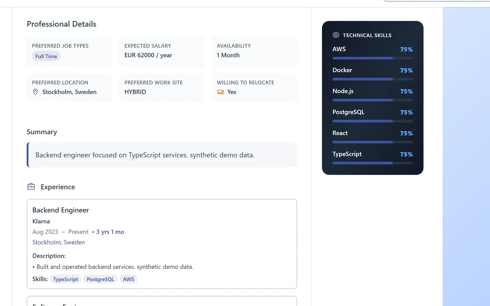 AiQlick structured profile built from a CV: job preferences, technical skills, summary and work experience.